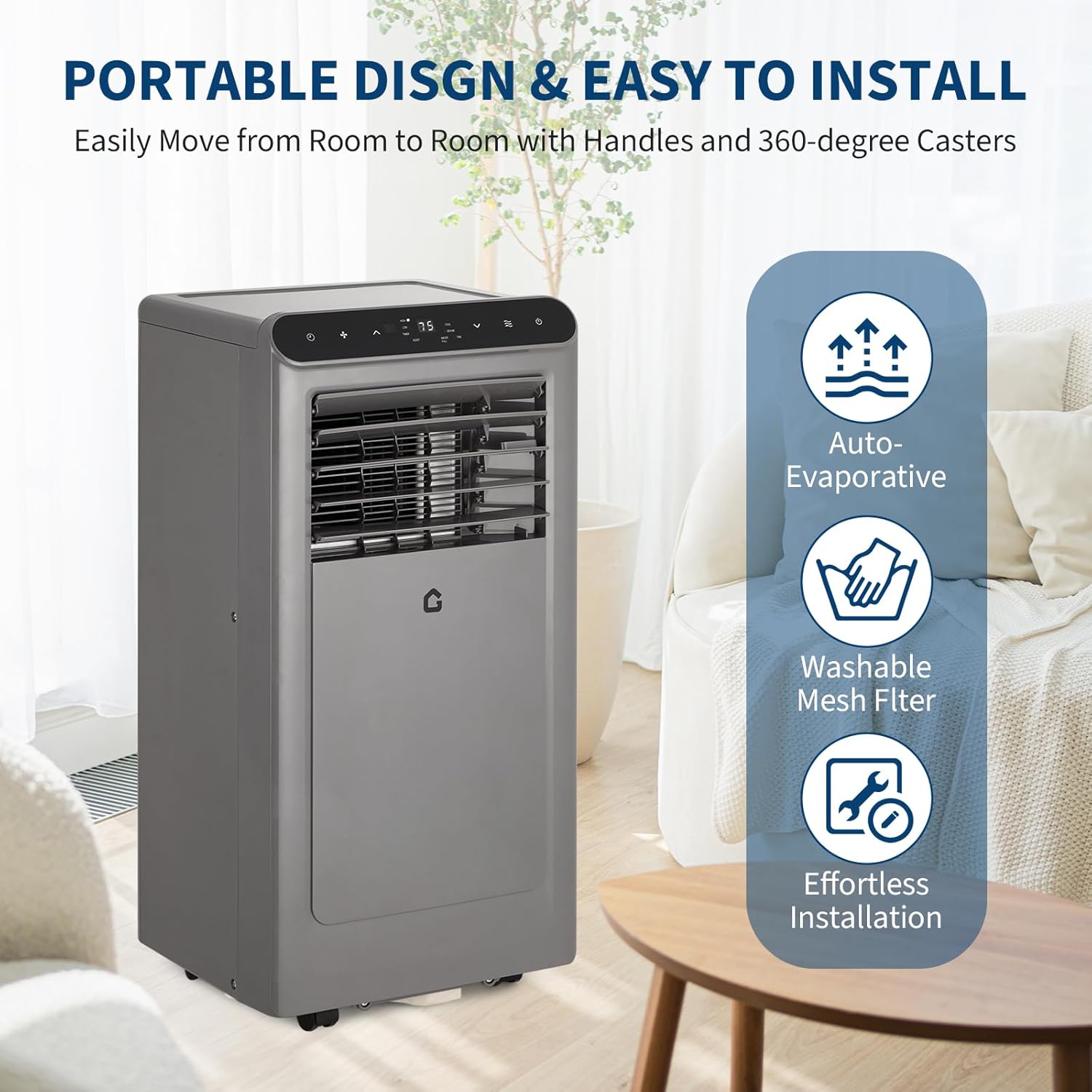 Garvee 10,000 BTU Portable Air Conditioner with Dehumidifier, Cooling, Fan 3-In-1, Drainage-Free Cooling, Cools Up to 450 Sq. Ft. with Remote Control, Gray