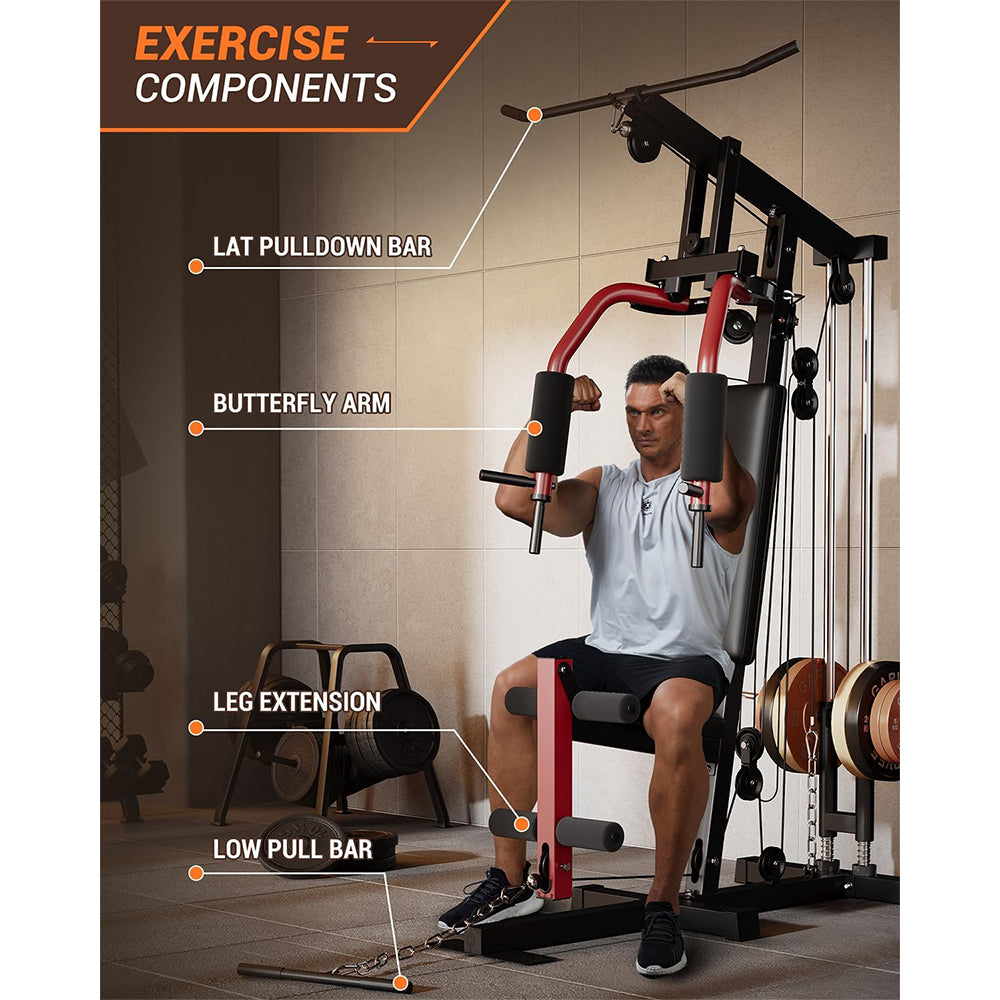 GARVEE Home Gym Machine, Multifunctional Full Body Workout Equipment with Pulley System,Leg Press Support for Strength Training, Workout Station Suit for 1“&2” Holes of Weight Plates (Not Includ), Red&Black