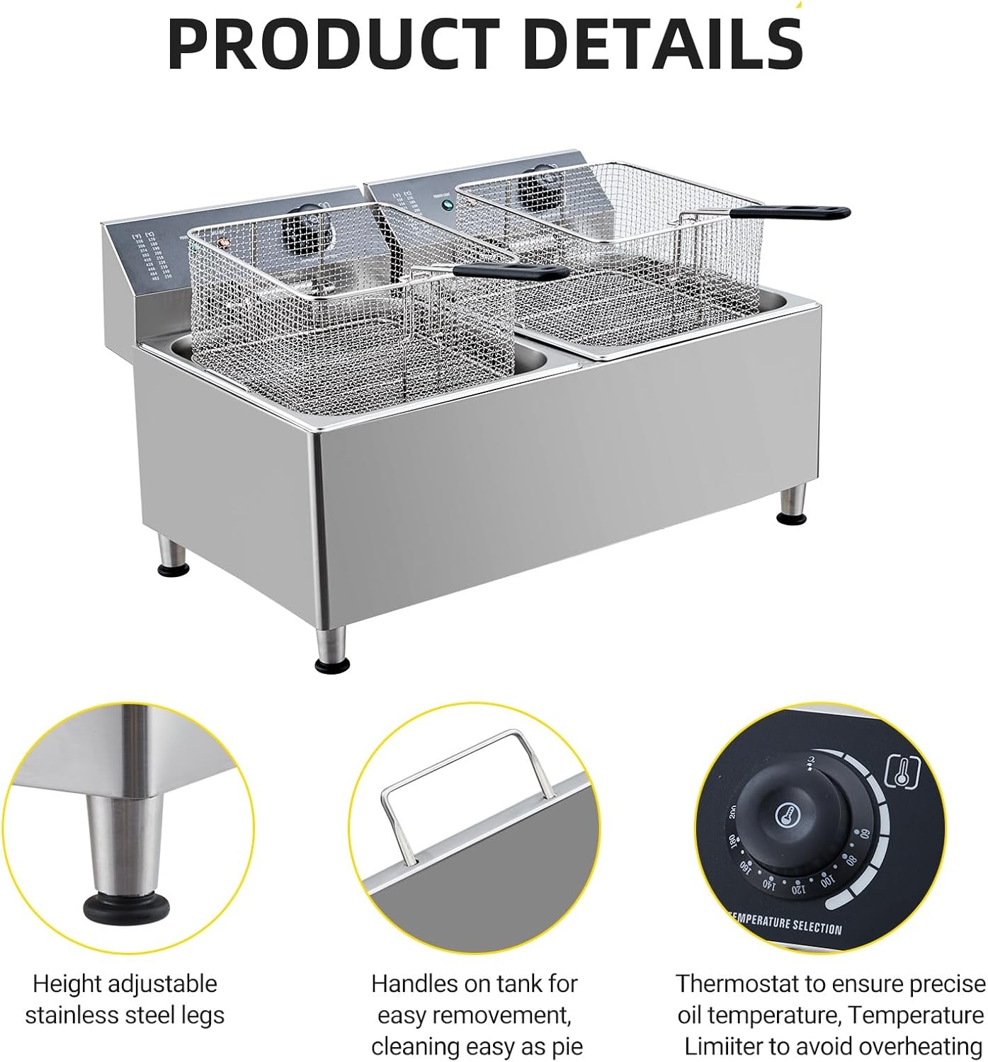 Garvee 23.2QT Deep fryer, Commercial Deep Fryer 22L Dual Tank Electric Deep Fryers with Basket Electric Countertop Fryer, for Extra Large Thick Frying Basket and Lid, 1700 W, 110V