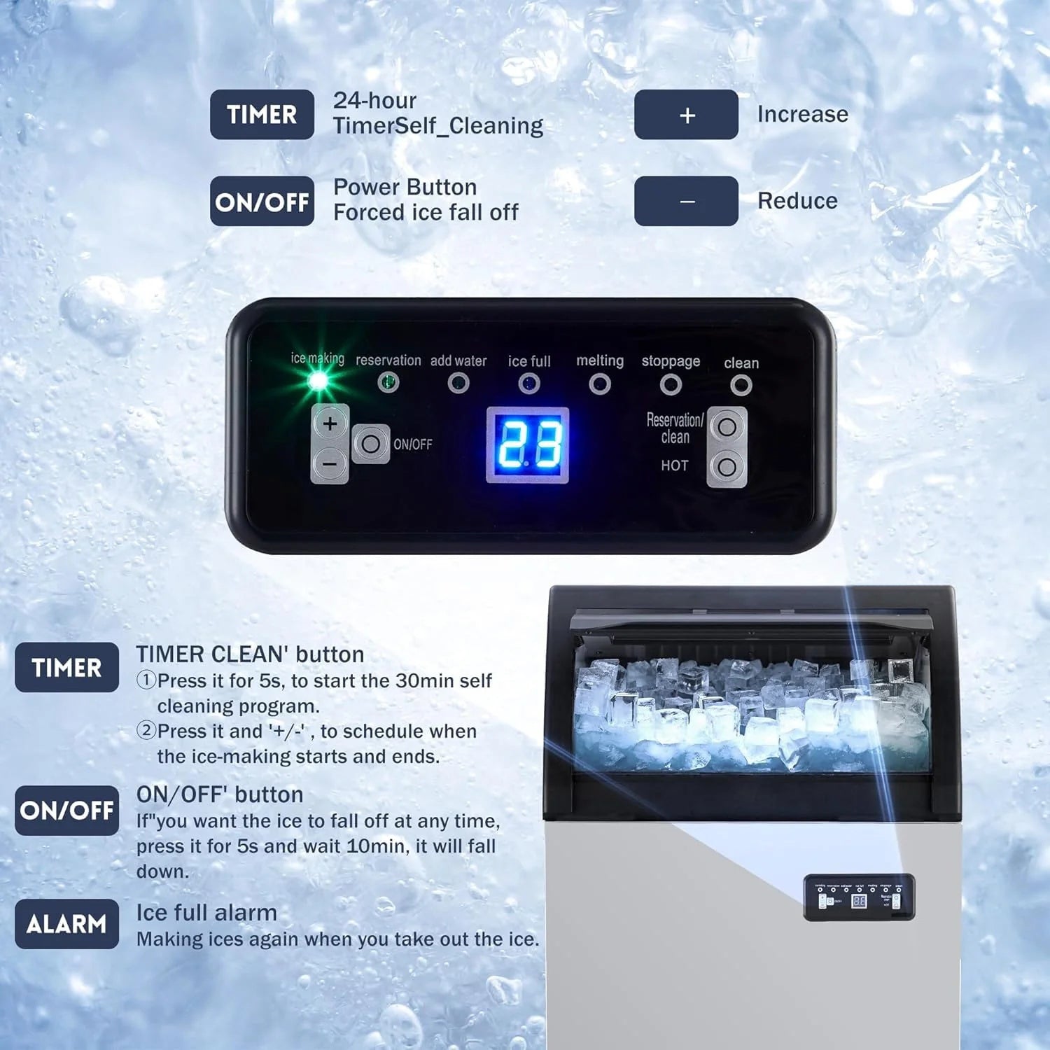 Garvee Ice Maker, 155 Lbs/24H, 33 Lbs Storage, Stainless Steel, LED Display, Undercounter, Freestanding for Bars, Cafes, Businesses
