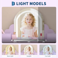 Garvee Kids Vanity with Lighted Mirror & Stool, 2 In 1 Little Girls Vanity and Wooden Makeup Playset with Adjustable LED Light, Storage Drawer & Shelves for Girls 3-9, Purple