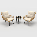 Garvee 3 Piece Outdoor Wicker Patio Bistro Set, Rattan Conversation Set with Glass Top Coffee Table and Cushioned Chairs, All-Weather Balcony Furniture Set for Poolside, Garden, Backyard, Beige