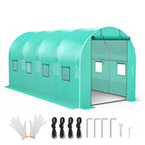 Garvee 15'x7'x7' Walk-In Tunnel Greenhouse - Hoop House with Galvanized Steel Frame, 140g/m² Green PE Cover, Roll-Up Zipper Door & 8 Windows - Green - 1 Door 8 Windows