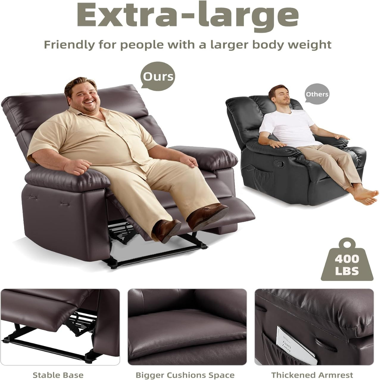 Garvee Oversized Recliner Chair - PU Leather Large Manual Recliner for Adults, Ultimate Comfort Lazy Boy with 1.5X Sponge Filling and Easy Recline Mechanism for Relaxation, Coffee
