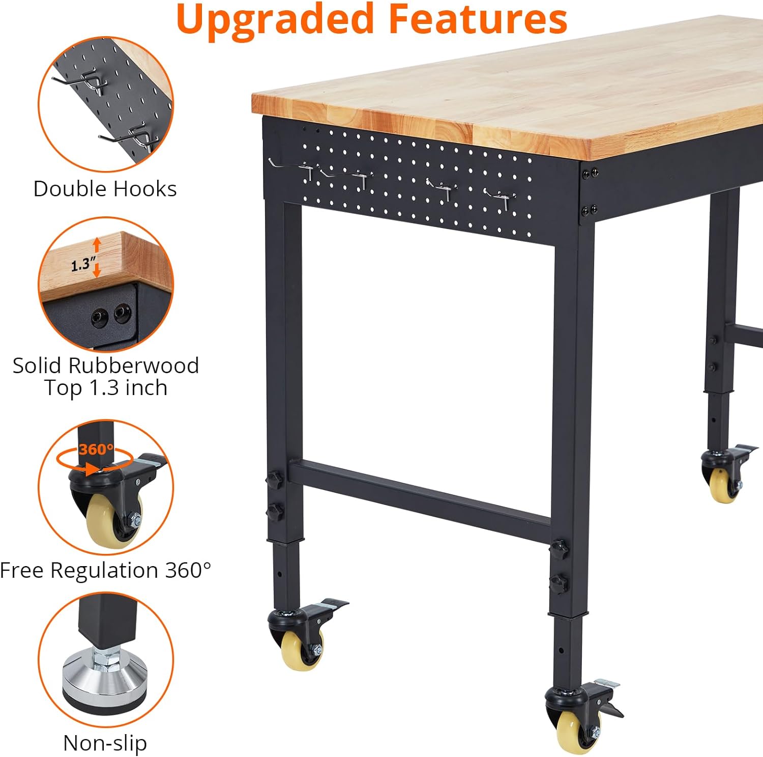GARVEE Adjustable Workbench, 2000 lbs Load Capacity, 48 x 24 Inch Rubber Wood Top Work Bench with 4 Rolling Casters & Power Outlets, Heavy-Duty Work Table for Garage, Workshop, Office