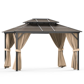 Garvee 10'x13' Hardtop Gazebo - Aluminum Frame Double Roof with Mesh Netting for Patio, Lawn & Deck (Fits 8 People, Khaki)