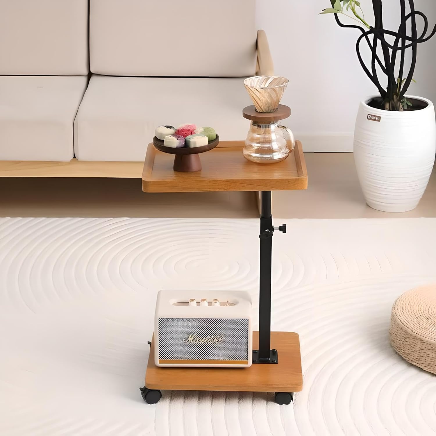 Garvee Modern C Shaped Tables Adjustable Height, 360° Swivel Lift Top Bed End Tables with Wheels, Small Side Table for Couch Living Room, Bedroom(Wood Color)