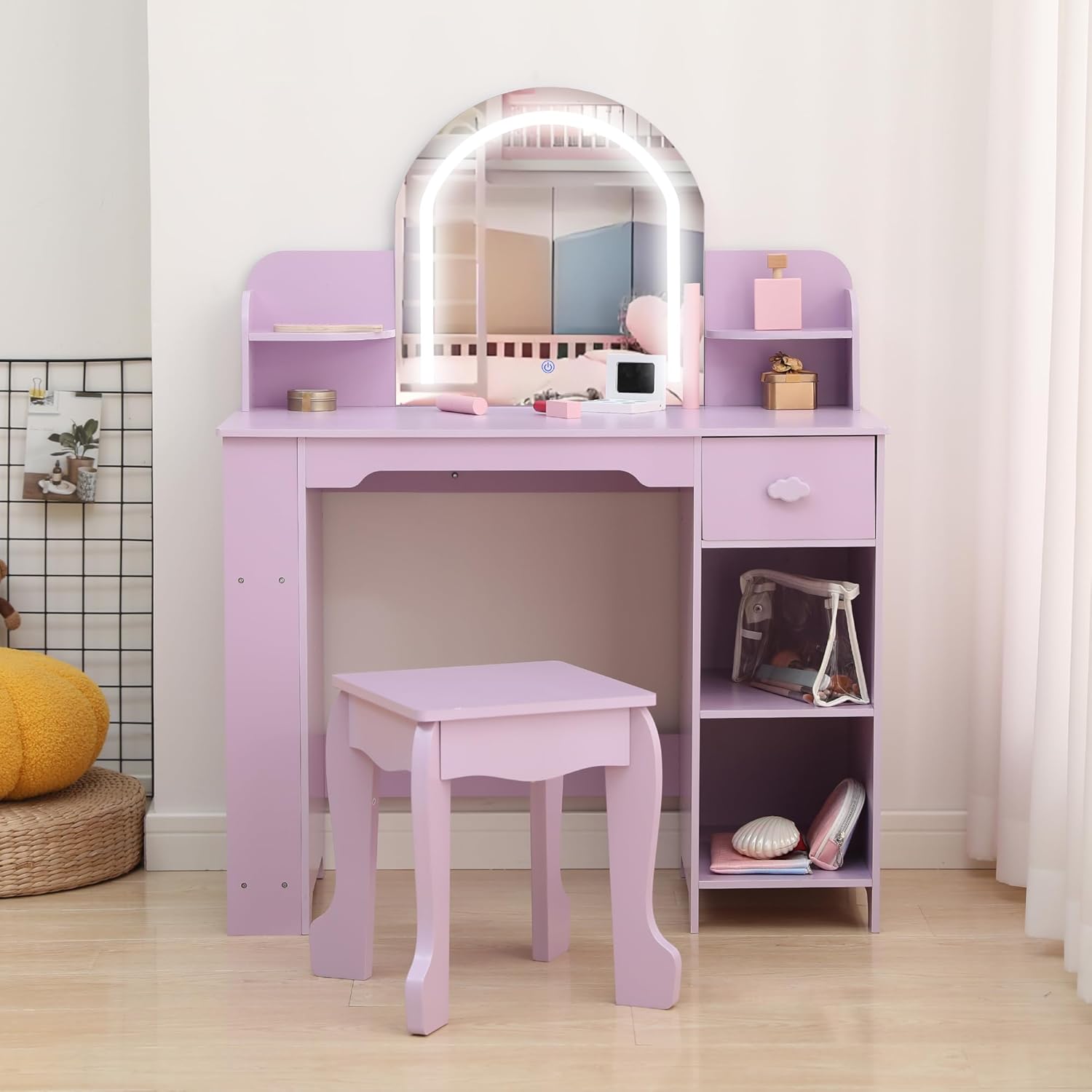 Garvee Kids Vanity with Lighted Mirror, 2 In 1 Little Girls Vanity Table & Stool, Kids Makeup Table with Bookshelf, Drawer & Open Shelves for 3-9 Yrs Girls, Purple