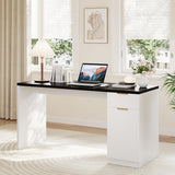 Garvee Executive Desk with Drawer and Power Outlet, 61" Large Farmhouse Computer Desk Home Office Wood Executive Desk with Adjustable Shelf for Work Study Writing,White and Black - White And Black