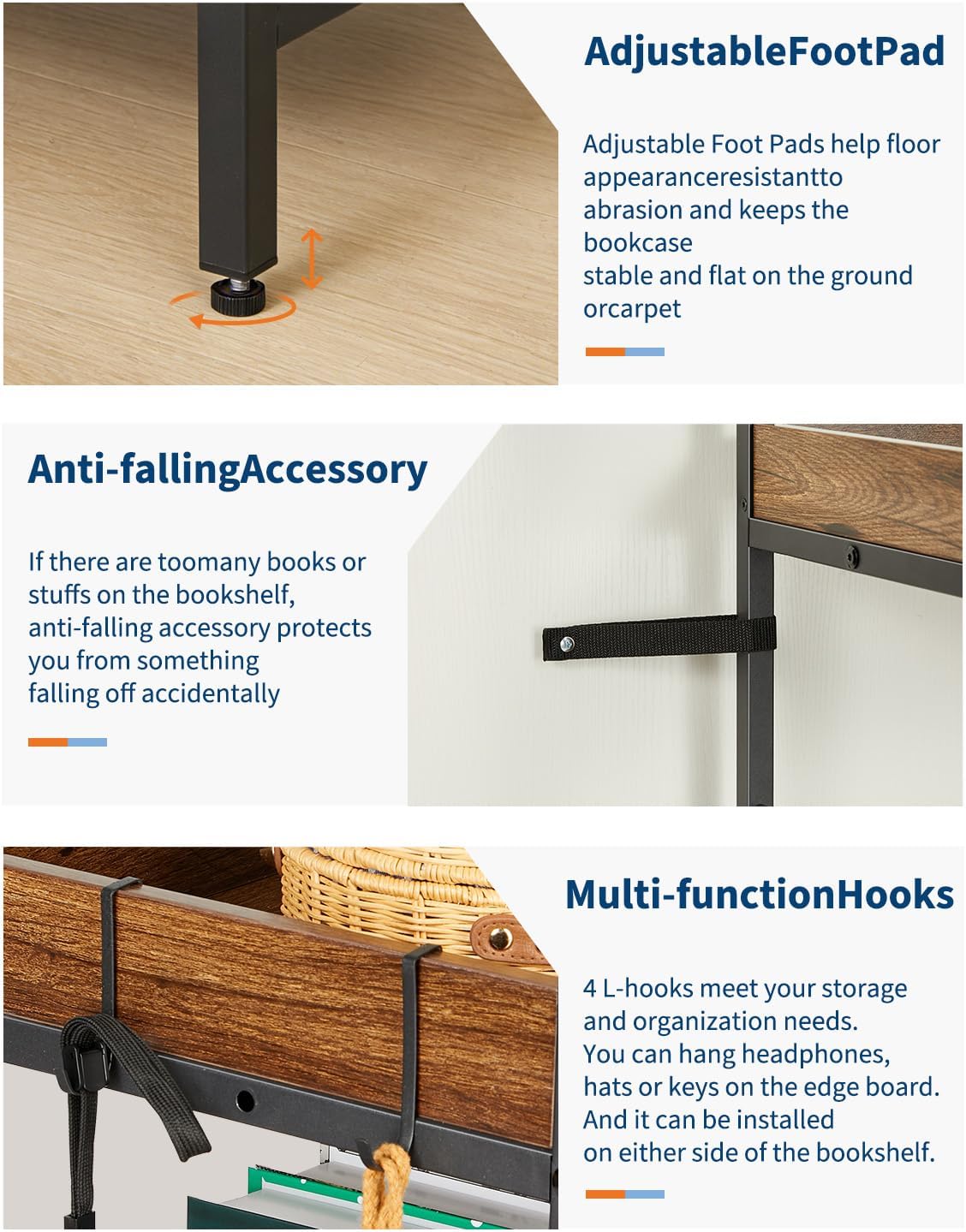 Garvee 65" Reversible Corner Bookshelf – 5-Tier L-Shaped Industrial Bookcase with 4 Hooks, Heavy Duty Wood & Metal Open Shelves – Ideal for Office, Bedroom, Living Room – Color: Brown