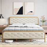 Garvee Queen Size Bed Frame with Elegant Button Tufted Curved Headboard, Velvet Upholstered Platform Bed Frame, Golden Heavy Duty Mattress Foundation, Noise Free, No Box Spring Needed, Gold-Beige - Gold + Off White