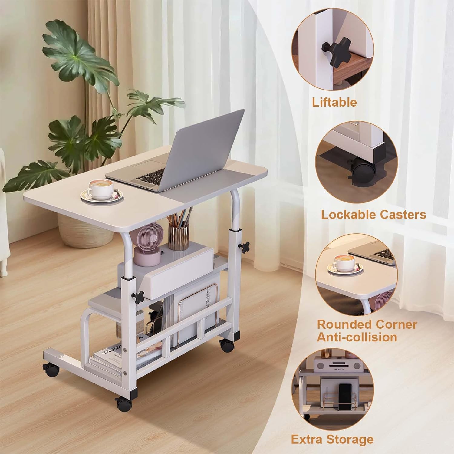 Garvee Adjustable Height Mobile Standing Desk, Portable Bedside Desk with Storage Shelves, Compact Laptop Desk for Home Office, Study, Small Spaces, Bedroom, White, 23.6"x15.7"