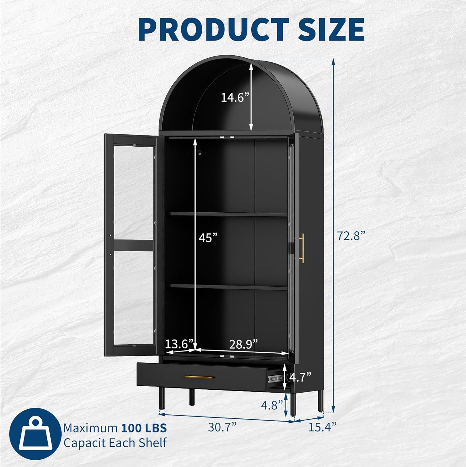 Garvee 73" Tall Arched Pantry Cabinet with 2 Adjustable Shelves & Drawers, Modern Farmhouse Arched Bookcase with Glass Door, Freestanding Display Cabinet for Living Room, Home Office, Black