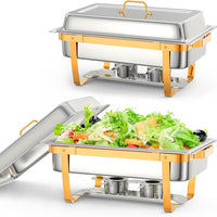 Garvee 8QT Stainless Steel Chafing Dish Buffet Set (2-Pack) - Foldable Food Warmers with Lids & Fuel Cans for Weddings, Catering, and Parties (Gold)