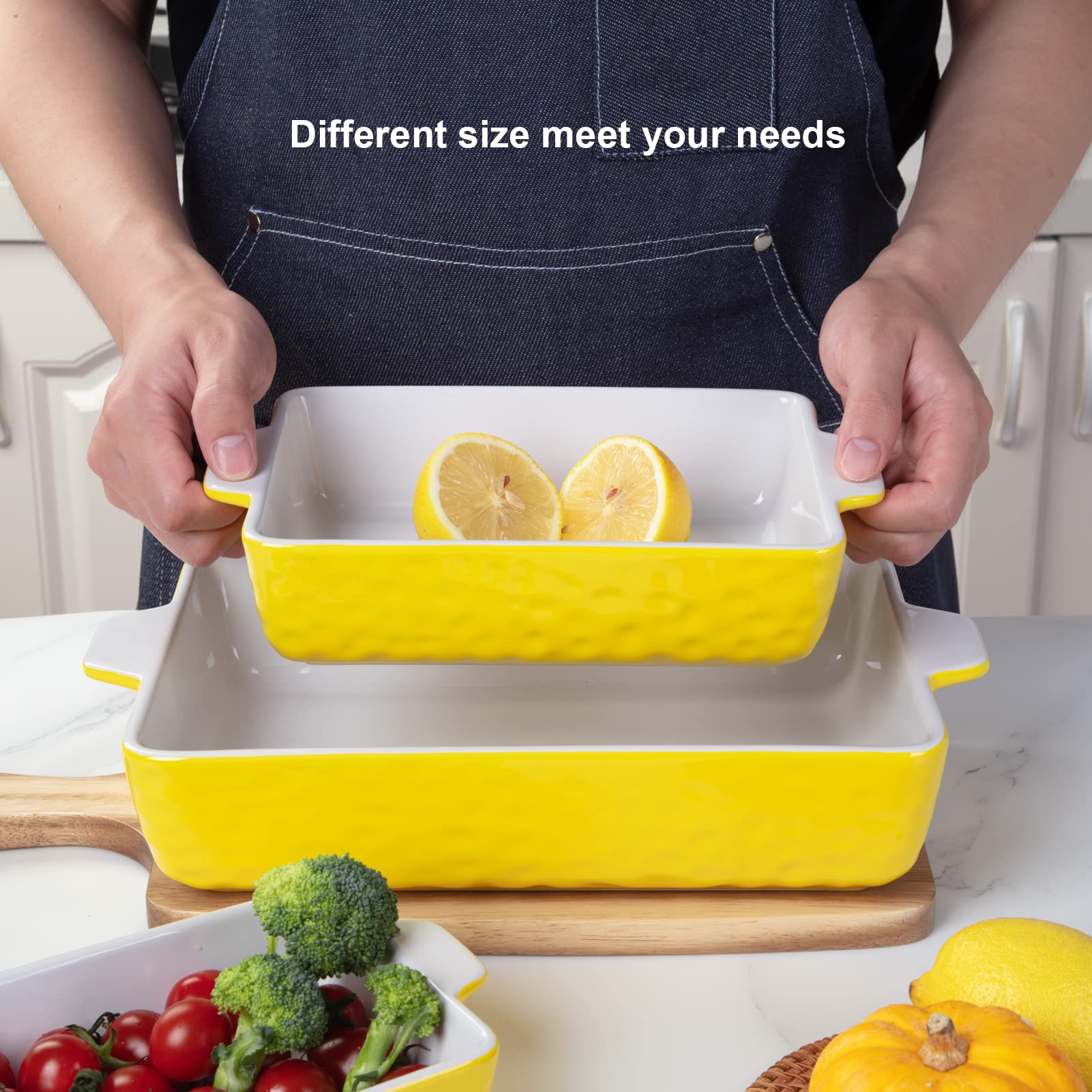 Garvee Ceramic Baking Dish Set of 3, Rectangular Casserole Dish for Oven with Handles, Deep Lasagna Baking Pans for Cooking, Kitchen, Cake Dinner, Banquet, Daily Use, Yellow