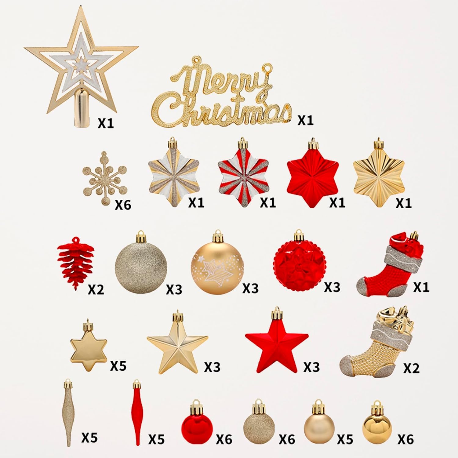 Garvee 70 Pcs Christmas Tree Ornaments Shatterproof Plastic Balls Glitter Stars Stockings Xmas Party Home Decor