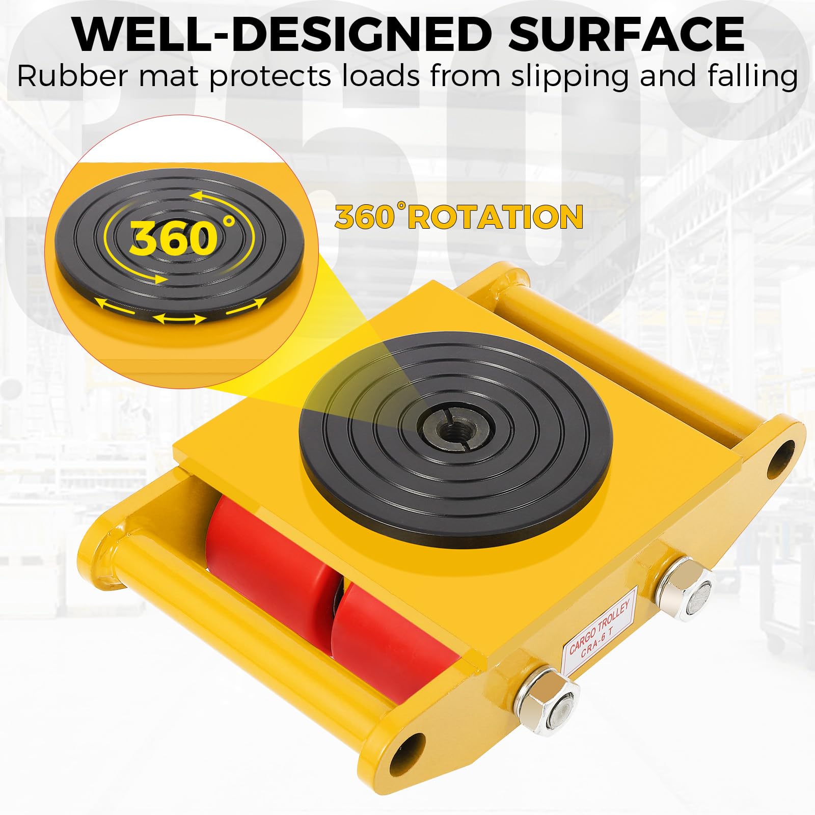 Garvee Industrial Machinery Dolly 6 Ton Capacity Heavy Duty Carbon Steel 360° Rotation Anti-Skid Cover 4 PU Wheels for Workshops Warehouses