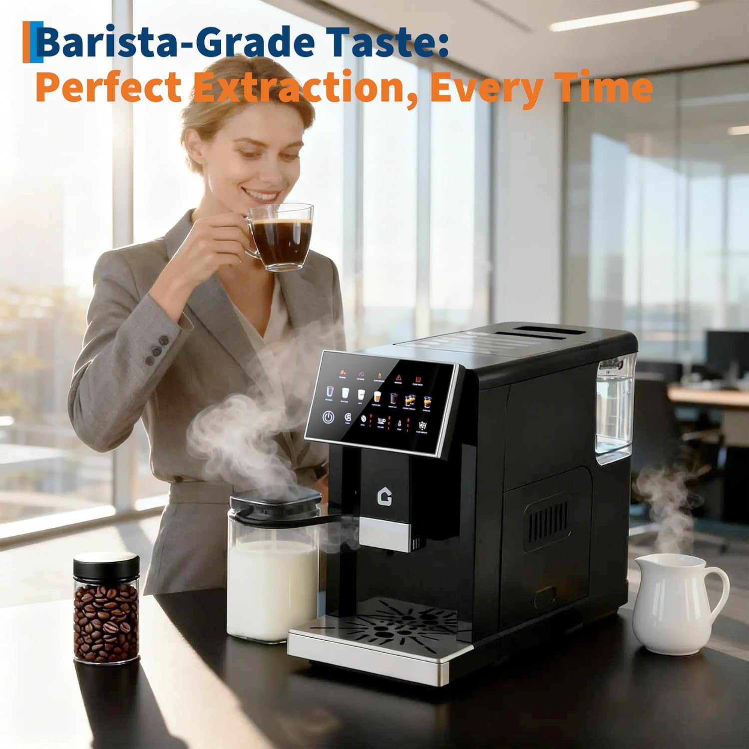 GARVEE 3rd-Gen Espresso Coffee Maker with Milk Frother - Removable Brewer/Grinder, Adjustable Coarseness/Flavor, 3-Level Coffee/Milk Volume, Detachable Milk Tank for Home Baristas, Black Spray Paint