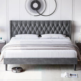 Garvee King Bed Frame, Upholstered Bed Frame with Velvet Headboard Wingback, Platform Bed Frame with Button Tufted Headboard, Strong Wood Slats Support, No Box Spring Needed, Easy Assembly, Gray - Gray