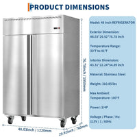 Garvee 48" W Commercial Refrigerator 33-41°F,Reach-in 36 Cu.ft 2 Door Stainless Steel Commercial Refrigerator Fan Cooling,6 Adjustable Shelves, Auto Defrost, for Restaurant,Bar,Kitchen,Shop