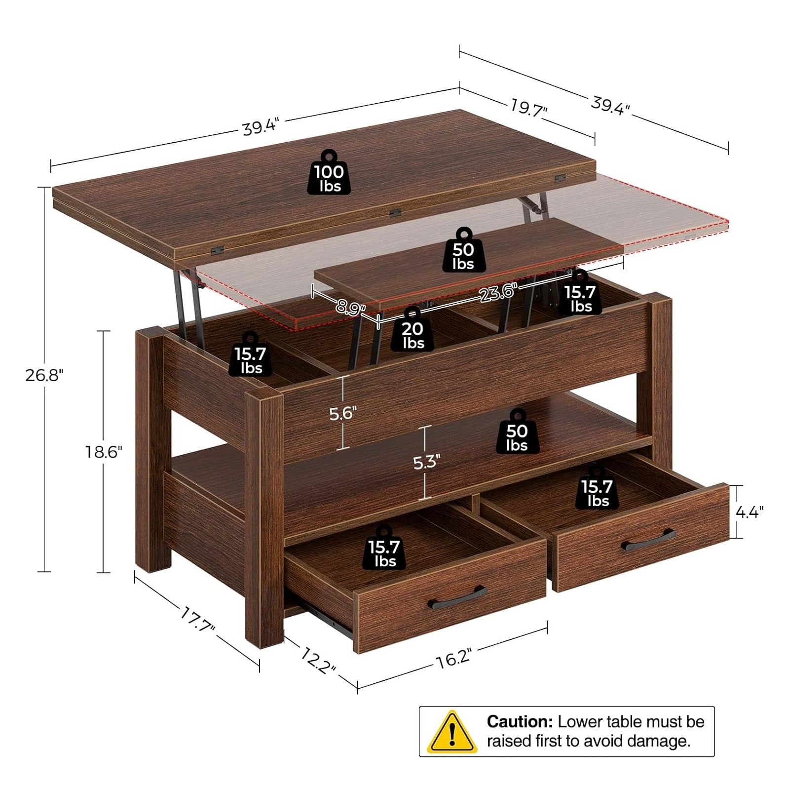 Garvee Coffee Table Lift Top, Multi-Function Convertible Coffee Table with Drawers and Hidden Compartment, Converts to Dining Table for Living Room, Home Office, Brown