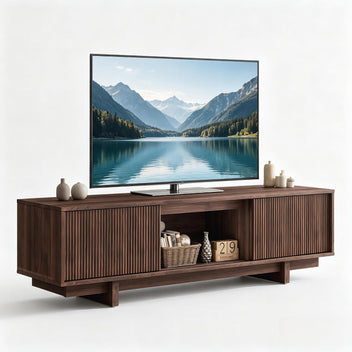 Garvee Walnut Mid-Century Modern TV Stand for 55/63 Inch TVs – Fluted Wave-design Sliding Door, Media Console with Storage Cabinet, Entertainment Furniture – Color: Walnut
