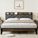 Garvee King Size Metal Bed Frame with Charging Station, Metal King Platform Bed with Storage Shelf and Upholstered Headboard, Steel Slats Support, No Box Spring Needed, Easy Assembly, Grey - Gray