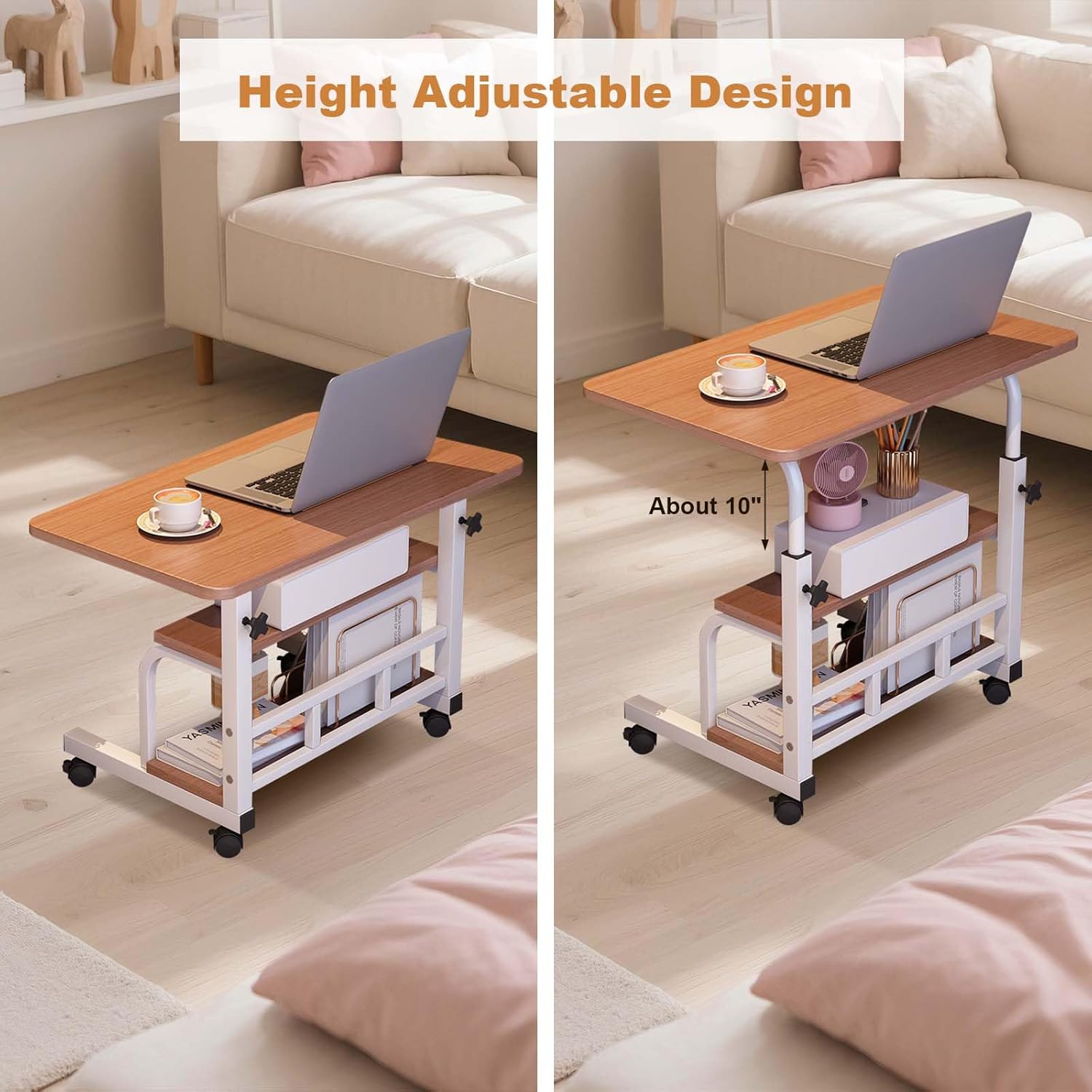 Garvee Adjustable Height Mobile Standing Desk, Portable Bedside Desk with Storage Shelves, Compact Laptop Desk for Home Office, Study, Small Spaces, Bedroom, Brown, 23.6"x15.7"