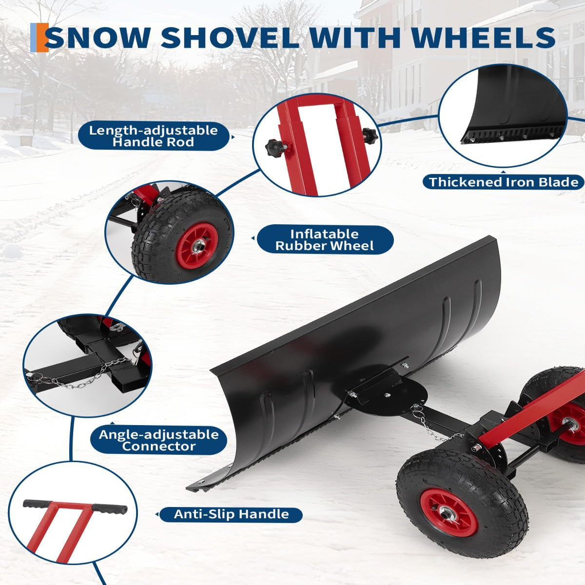 Garvee Snow Shovel 29x14 in Heavy Duty Metal 5-Position Angled Blade Adjustable Handle Wheels for Driveway Sidewalk Winter Use