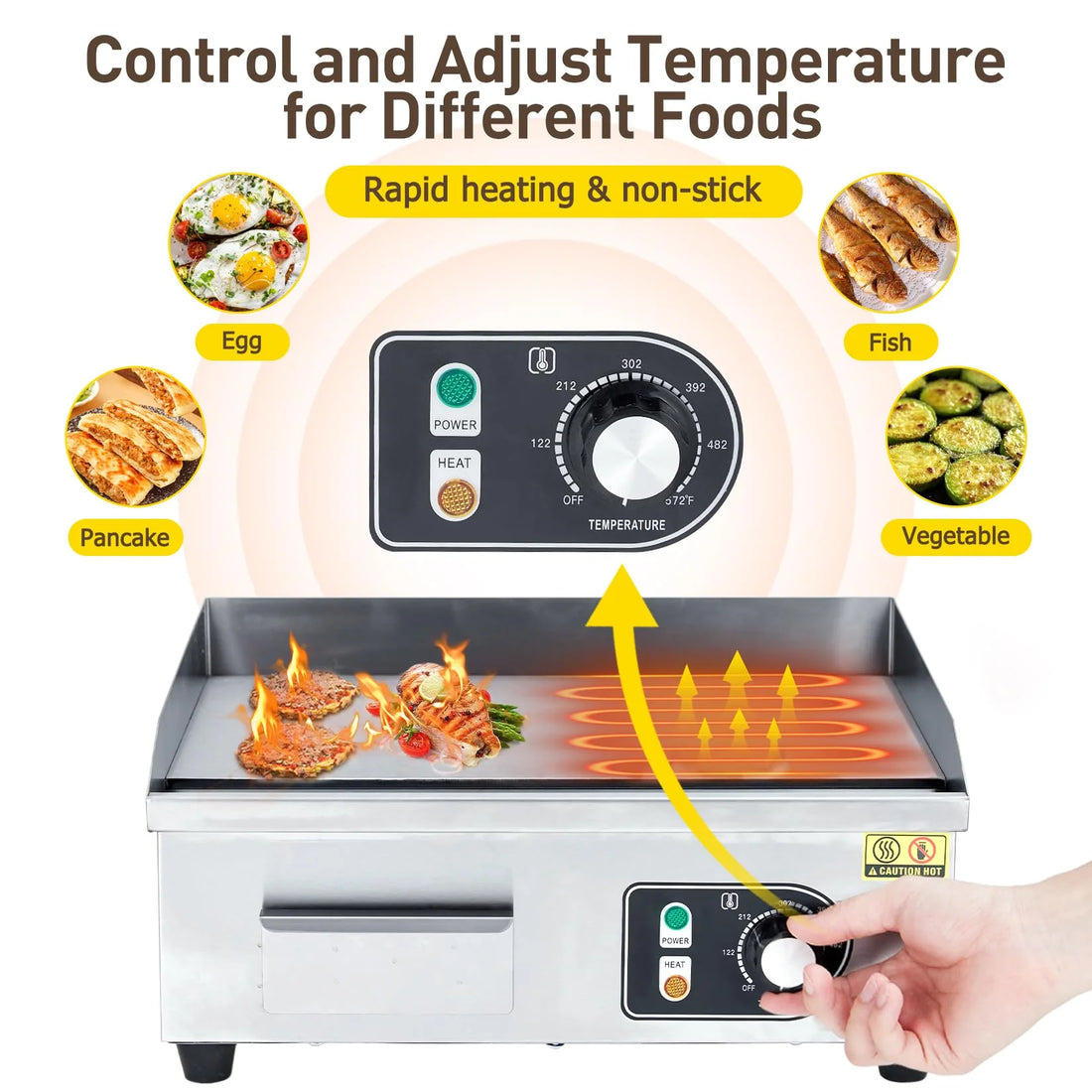 Garvee 14-Inch Commercial Electric Grill 1500 Watts Non-Stick Stainless Steel Adjustable Temp 122°F-572°F for Home & Restaurant(WITH PLUG)