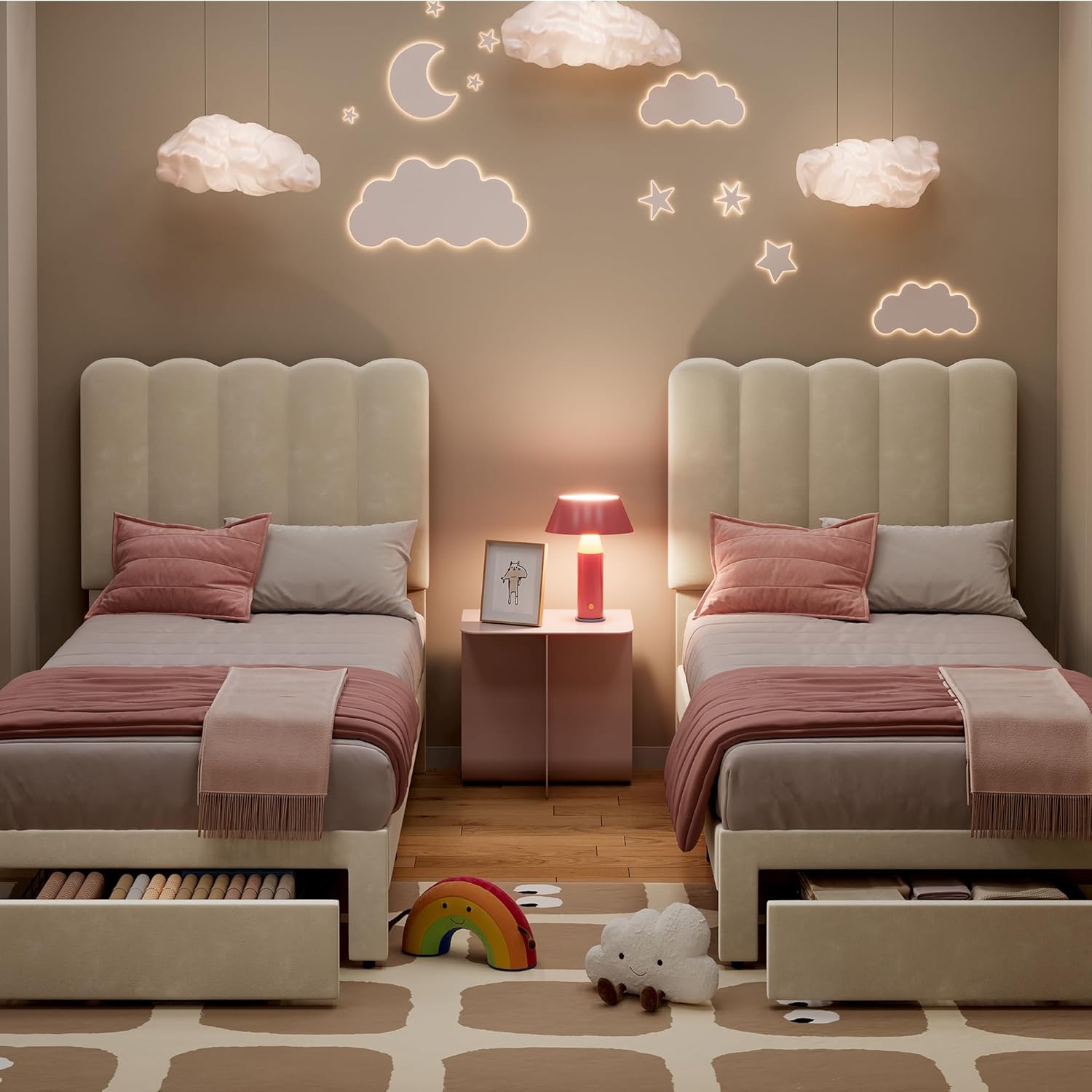 Garvee Twin Bed Frame With Under-bed Drawer, White velvet Upholstered Platform Bed with Wave Headboard for Kids / Girls, Wooden Slats Support, No Box Spring Needed, Beige