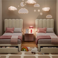 Garvee Twin Bed Frame With Under-bed Drawer, White velvet Upholstered Platform Bed with Wave Headboard for Kids / Girls, Wooden Slats Support, No Box Spring Needed, Beige