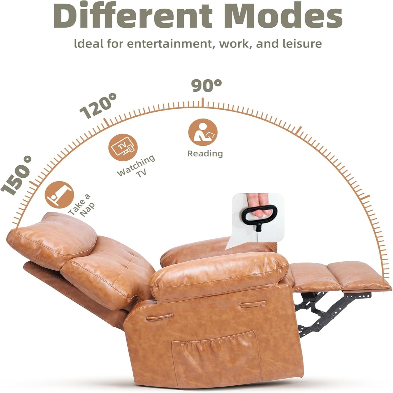 Garvee Recliner Chair for Adults, PU Leather Manual Recliner with Side Pocket, Lazy Chair with 1.5X Sponge Comfort Arm and Back for Living Room, Bedroom, Brown