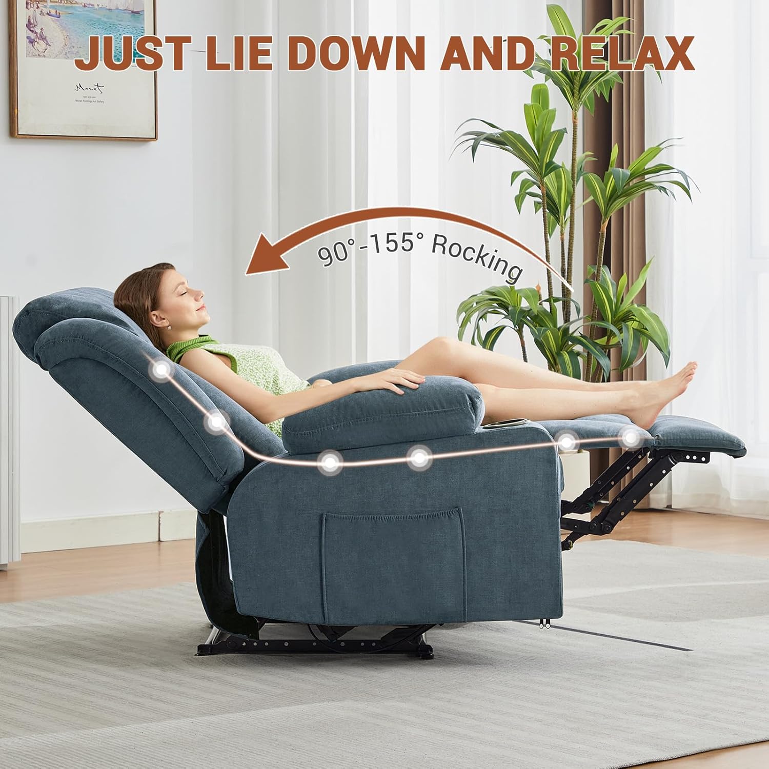 Garvee Recliner Chair 24" Seat Width, Manual Reclining Sofa with Massage and Heat, Comfy Overstuffed Rocking Chair with Side Pockets, Front Pockets and Cup Holder for Living Room, Blue