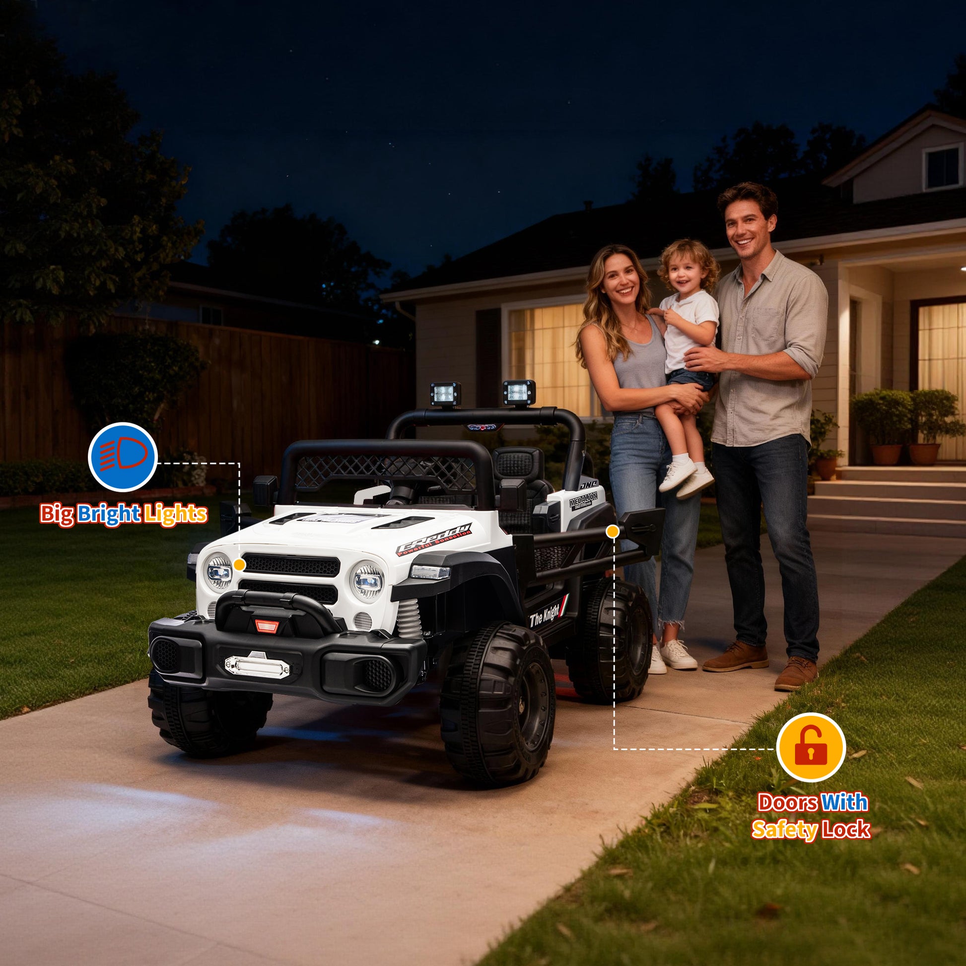 Garvee 12V Kids Electric Ride-On Truck – Dual Motors, 3 Speeds, Remote Control, Spring Suspension, LED Lights, Music, Safety Belt, Storage – Battery Powered Car Toy for Boys & Girls Ages 2-8, White