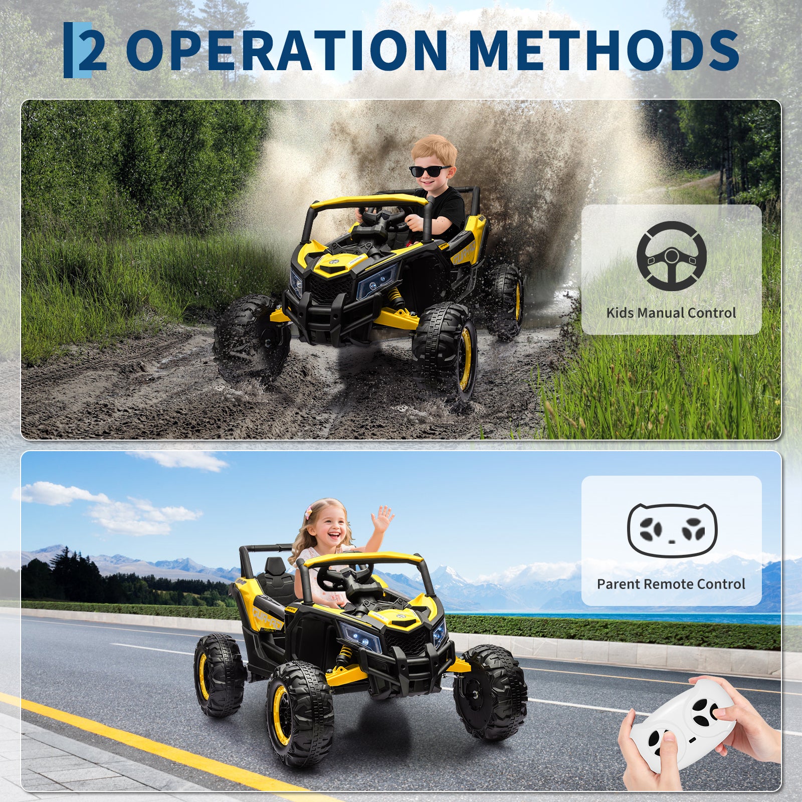 Garvee Ride - P Series: 24V Ride-On UTV: Remote Control, 200W Motor, Spring Suspension, Music, LED Lights, for Boys & Girls - Yellow