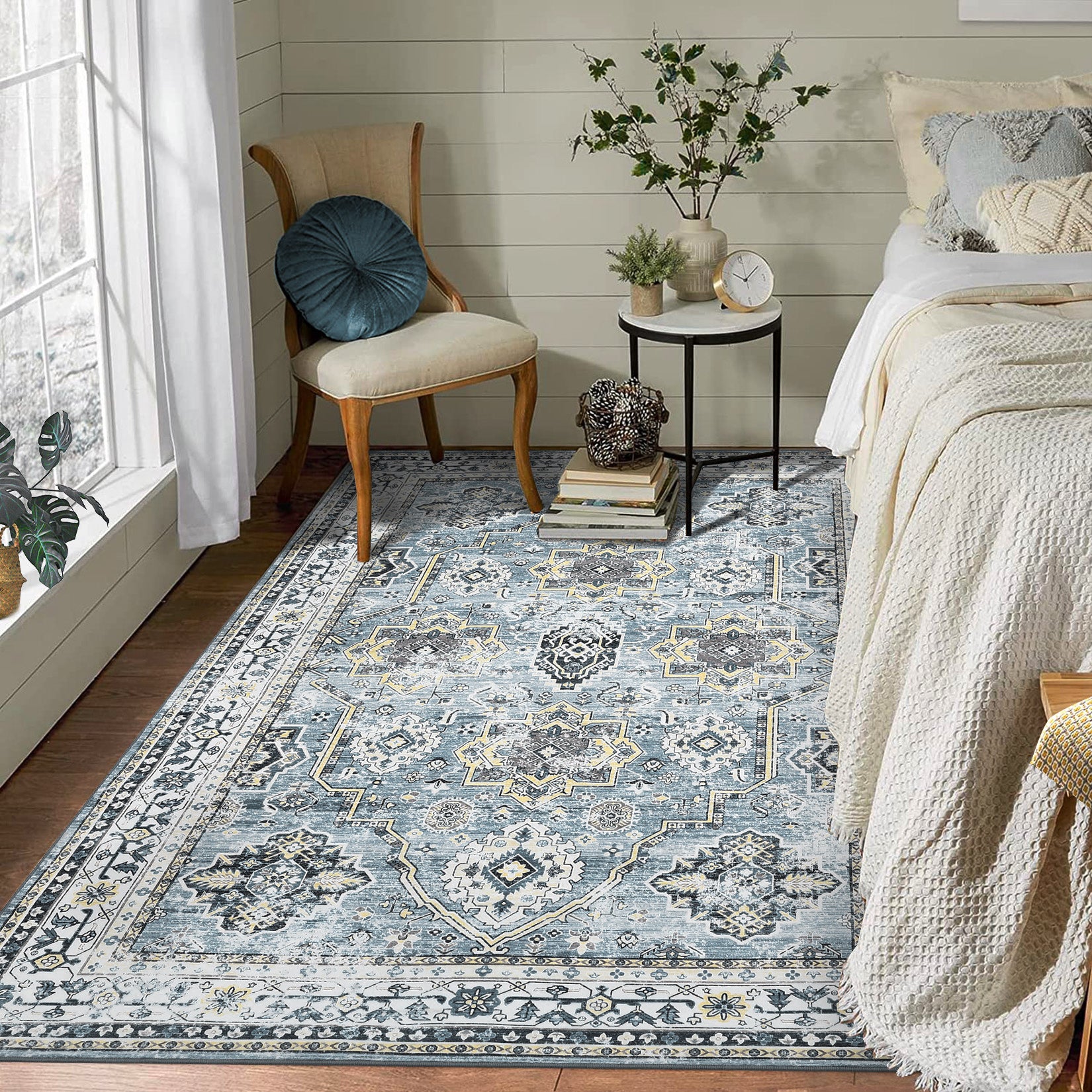 Garvee Boho Blue 6x9 Washable Rug, Oriental Vintage Non Slip Soft Faux Wool Stain Resistant Carpet for Living Room, Bedroom, Office