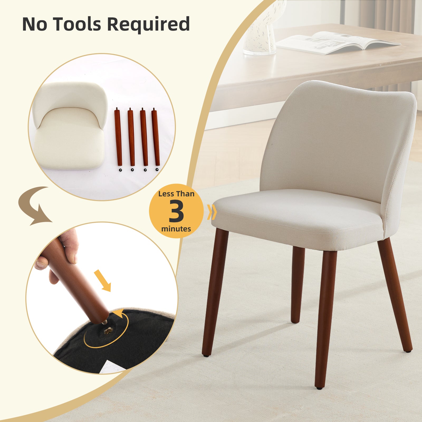 Garvee Set of 2 Mid Century Modern Linen Dining Chairs with Wood Legs for Dining Room, White