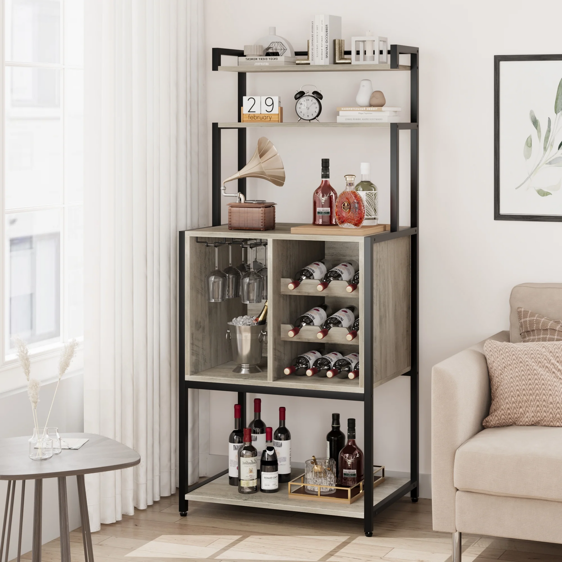 Garvee 5-Tier Wine Baker Rack with Glass Holder & Wine Storage, Standing Metal Organizer Shelf Industrial Wine Display Shelf Wine Bar Cabinet for Dining Room Bar (Grey)