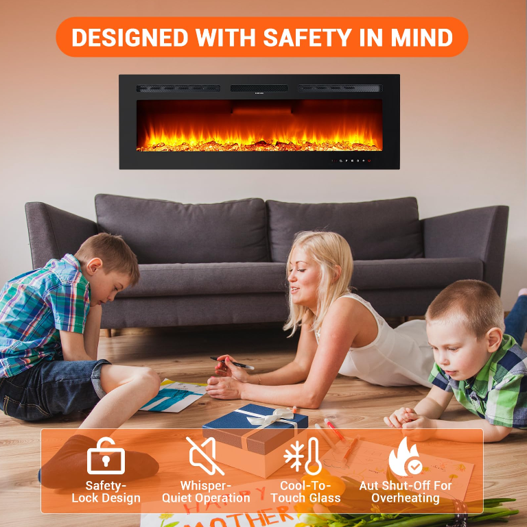 Garvee 68 Inch Electric Fireplace Wall Mounted & Recessed Ultra-Thin 4.2" Linear Heater 750W/1500W 12-Color Flames Log & Crystal Remote Control Living Room