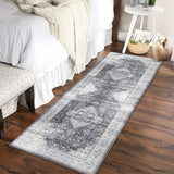 Garvee Runner Rug 2x6 Washable Hallway Rug Vintage Print Rug with Non Slip Backing Stain Resistant Kitchen Rug Soft Low Pile Area Rug for Bedroom Bathroom Living Room, Grey - Black