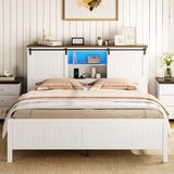 Garvee Farmhouse Bed Frame Queen Size With LED Lights and Charging Station, Wooden Platform Queen Bed With Storage Bookcase Headboard, Queen Bed Frame With Sliding Barn Door, No Box Spring Needed - Walnut+White