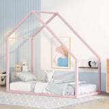 Garvee Twin Size Metal House Platform Bed with Roof Toddler Floor Bed for Kids Boys Girls 77.2"L x 41"W x 73.1"H Powder Coated Metal - Pink