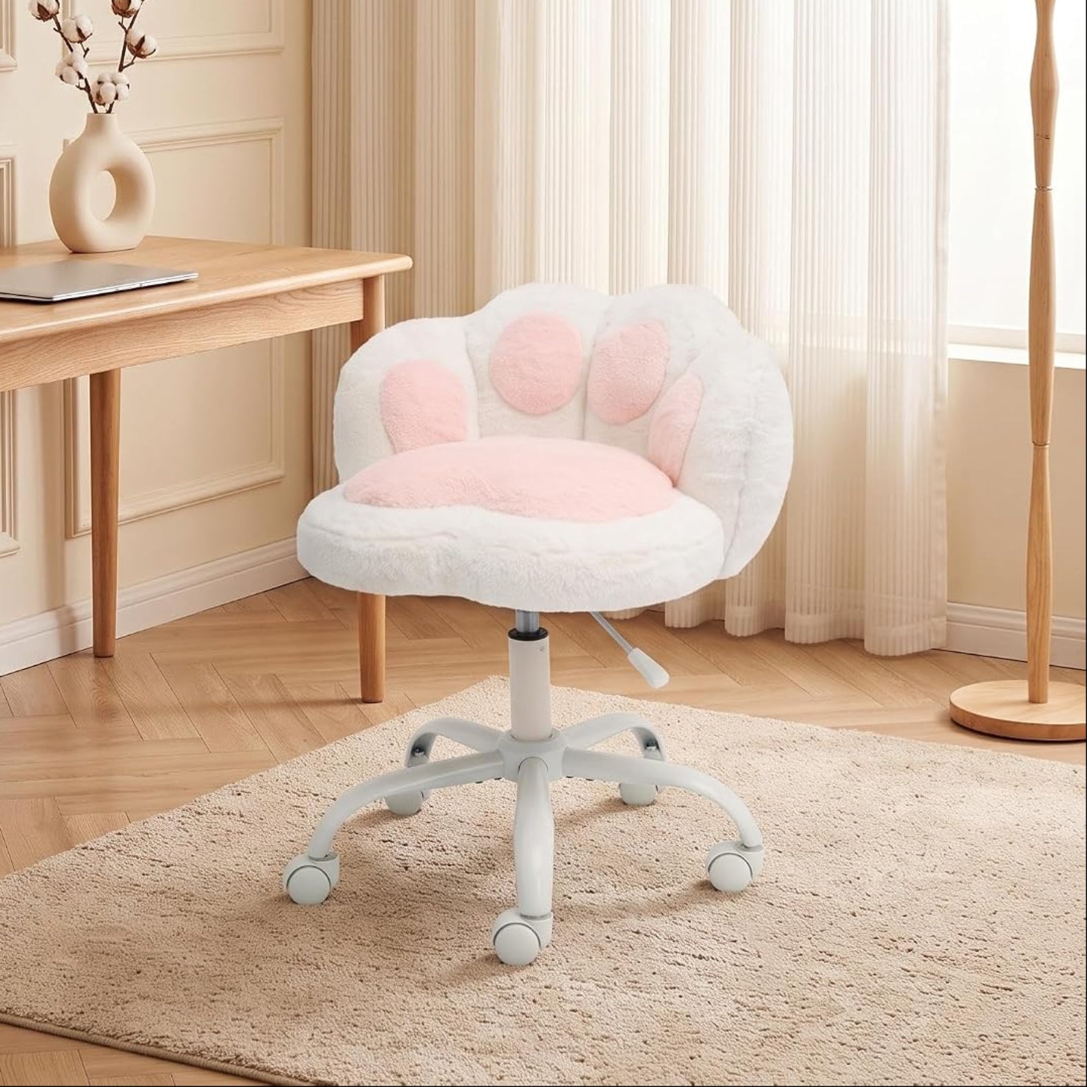 Garvee Cute Cat Paw Vanity Chair – Armless, Soft Cushion, Adjustable Height, Swivel Wheels, Soft Stuffed Fabric, Lumbar Support, Makeup or Office Stool, Color: White + Powder