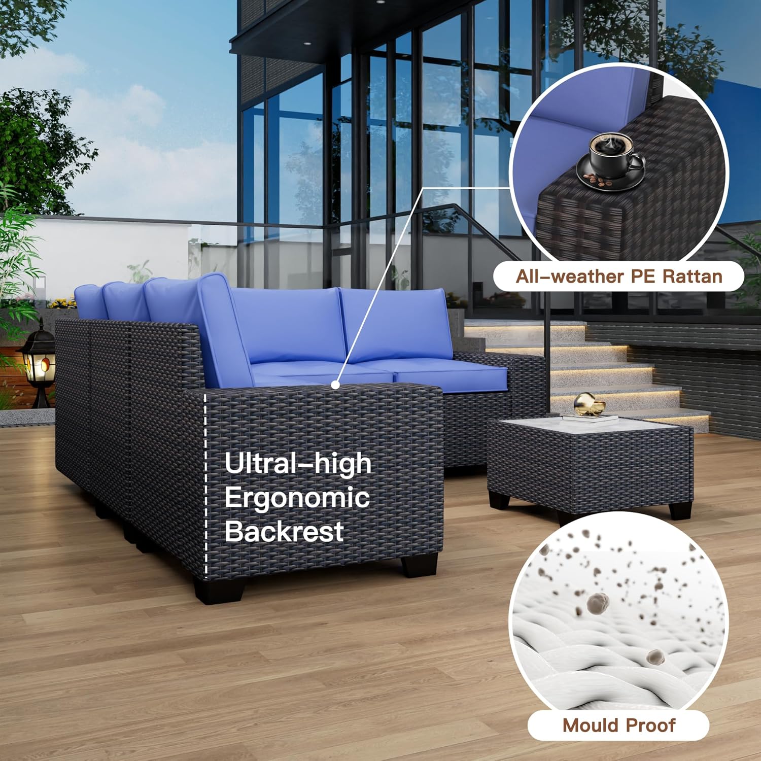 Garvee 6-Piece Outdoor Patio Sofa Set – All-Weather PE Rattan Wicker – Modular Conversation Furniture with Thick Cushions & Coffee Table – Garden, Poolside, Balcony, Coffee & Blue