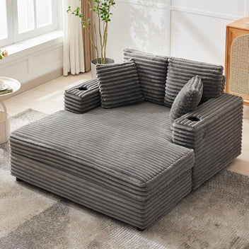 Garvee 60" Oversized Chaise Lounge Chair, Corduroy Sleeper Couch with Charging Ports, Cup Holders, Throw Pillows & Armrests for Living Room Bedroom, Gray