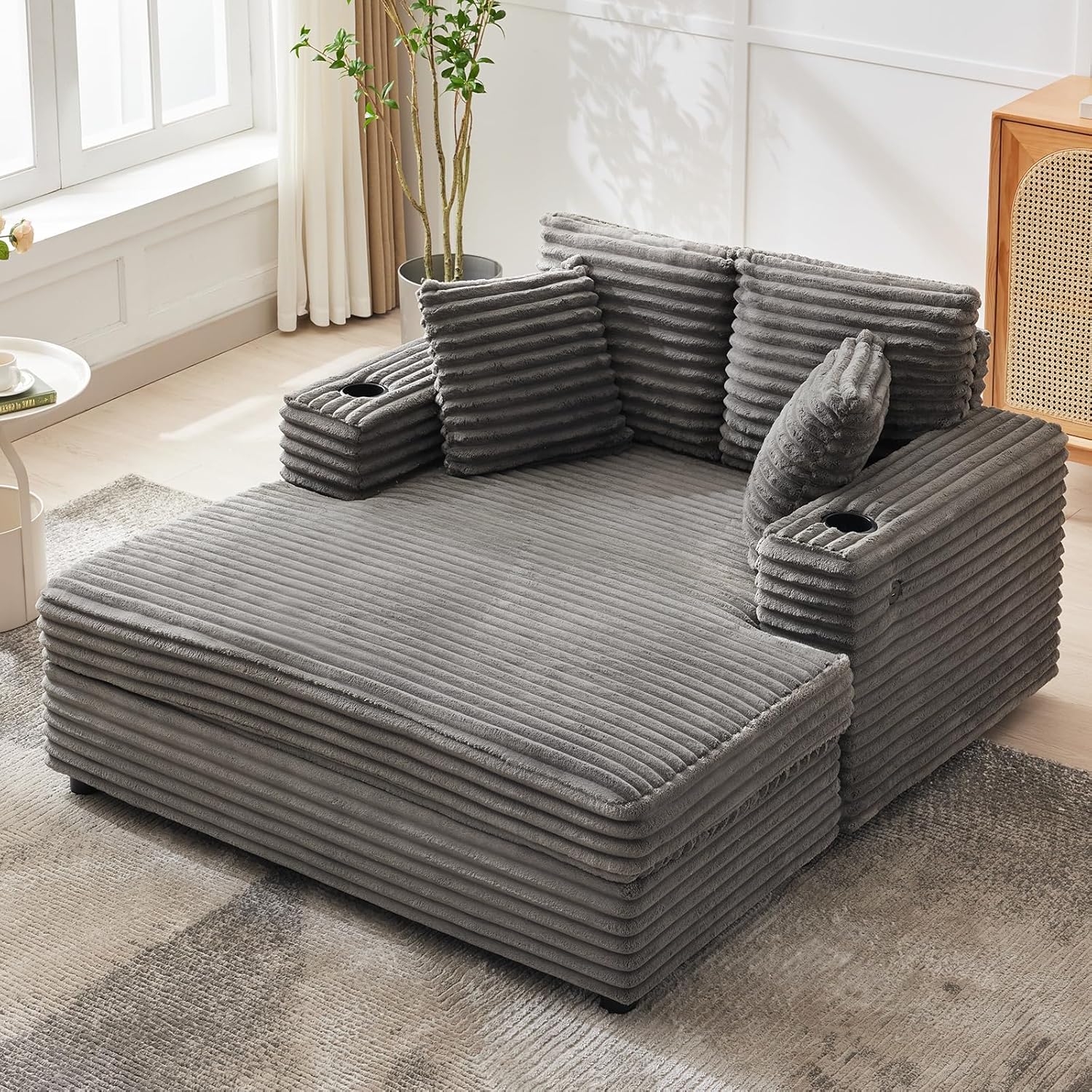 Garvee 60" Oversized Chaise Lounge Chair, Corduroy Sleeper Couch with Charging Ports, Cup Holders, Throw Pillows & Armrests for Living Room Bedroom, Gray