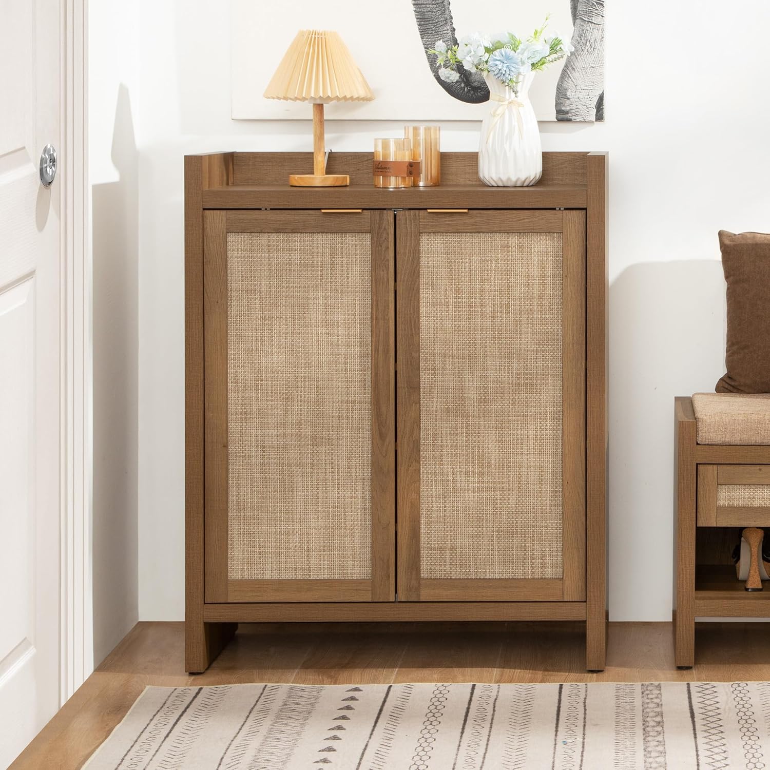 Garvee Boho 32" Rattan Shoe Storage Cabinet with 2 Doors and Adjustable Shelves for Entryway, Hallway, Living Room and Bedroom, Dark Oak