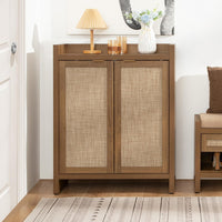 Garvee Boho 32" Rattan Shoe Storage Cabinet with 2 Doors and Adjustable Shelves for Entryway, Hallway, Living Room and Bedroom, Dark Oak