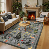 Washable Cat Floral Area Rug 9x12, Non Slip Soft Low Pile Indoor Rug, Cute Animal Floral Pattern, Easy Clean Durable Large Room Area Rug, Gray - Gray